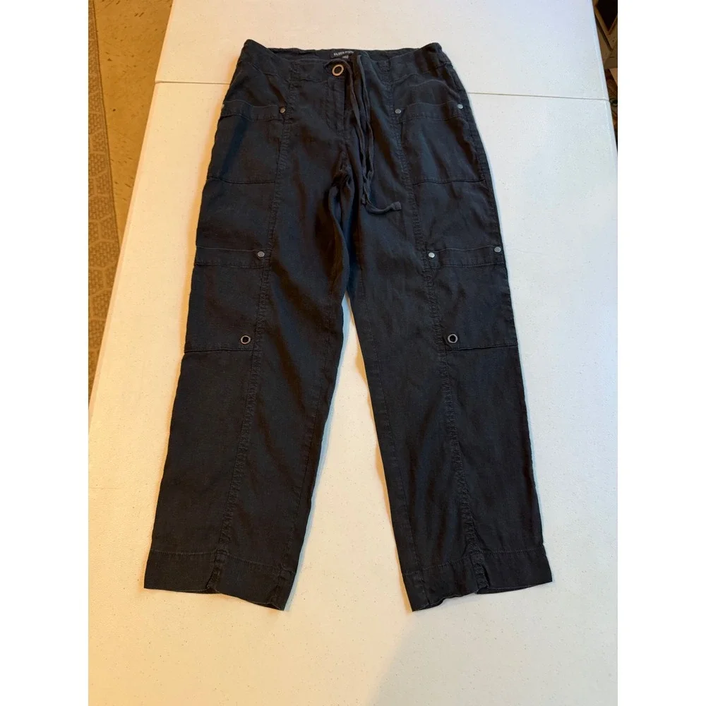 Eileen Fisher Linen Blend Cropped Utility Pants Womens 4 Black Draw Straight - Picture 2 of 11